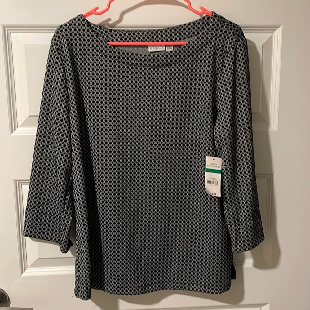 Kim Rogers Boatneck 3/4 Sleeve Work Top with Black and White Pattern Size Large